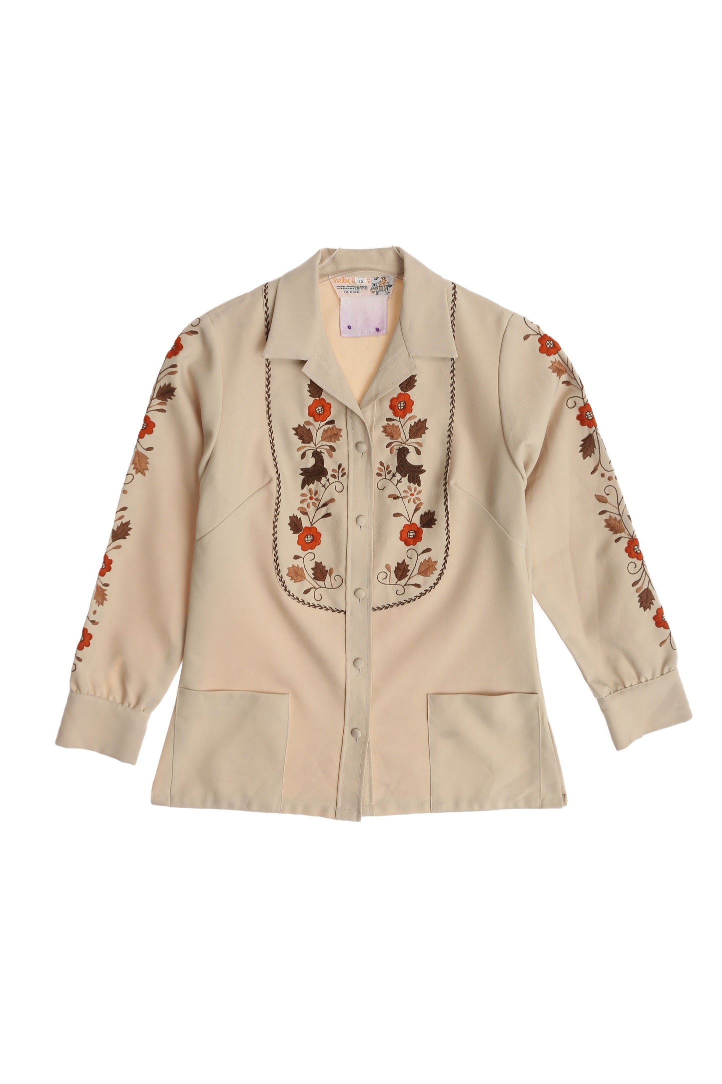 70s Women Mod Poly Bouse with Embroidered Floral Designs