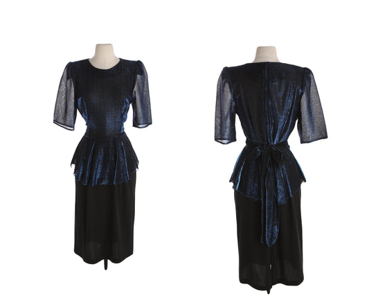 80s Women Black Evening Dress with Waist Belt Adjuster