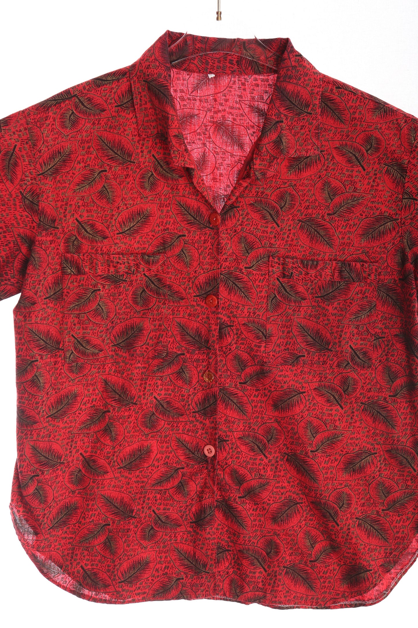 Vintage Women Red Cotton Top with Feather Print Details / Era 80s - 90s