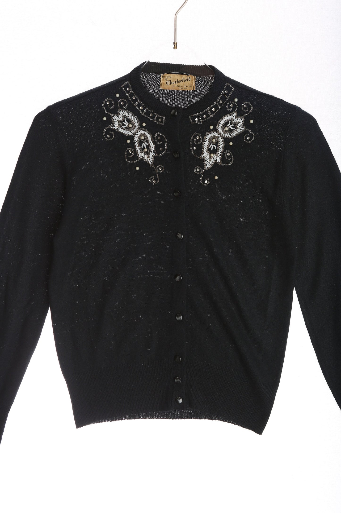 Vintage Women's Black Cardigan Sweater with Beaded Designs by Chesterfield
