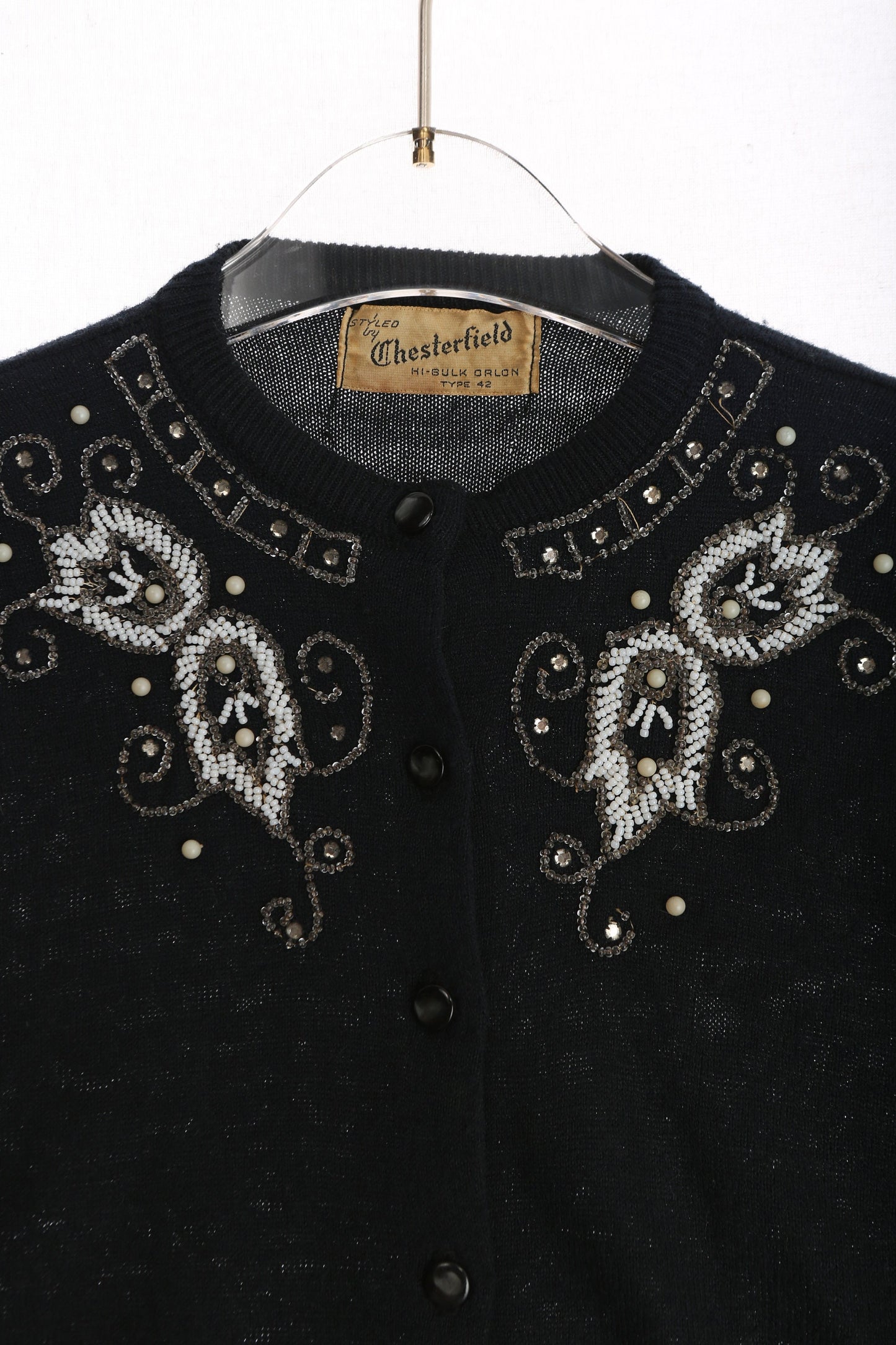 Vintage Women's Black Cardigan Sweater with Beaded Designs by Chesterfield