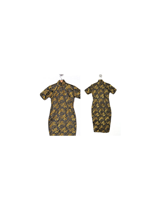 Black Cheongsam Dress with Yellow Flower Print - Era 50s - 60s