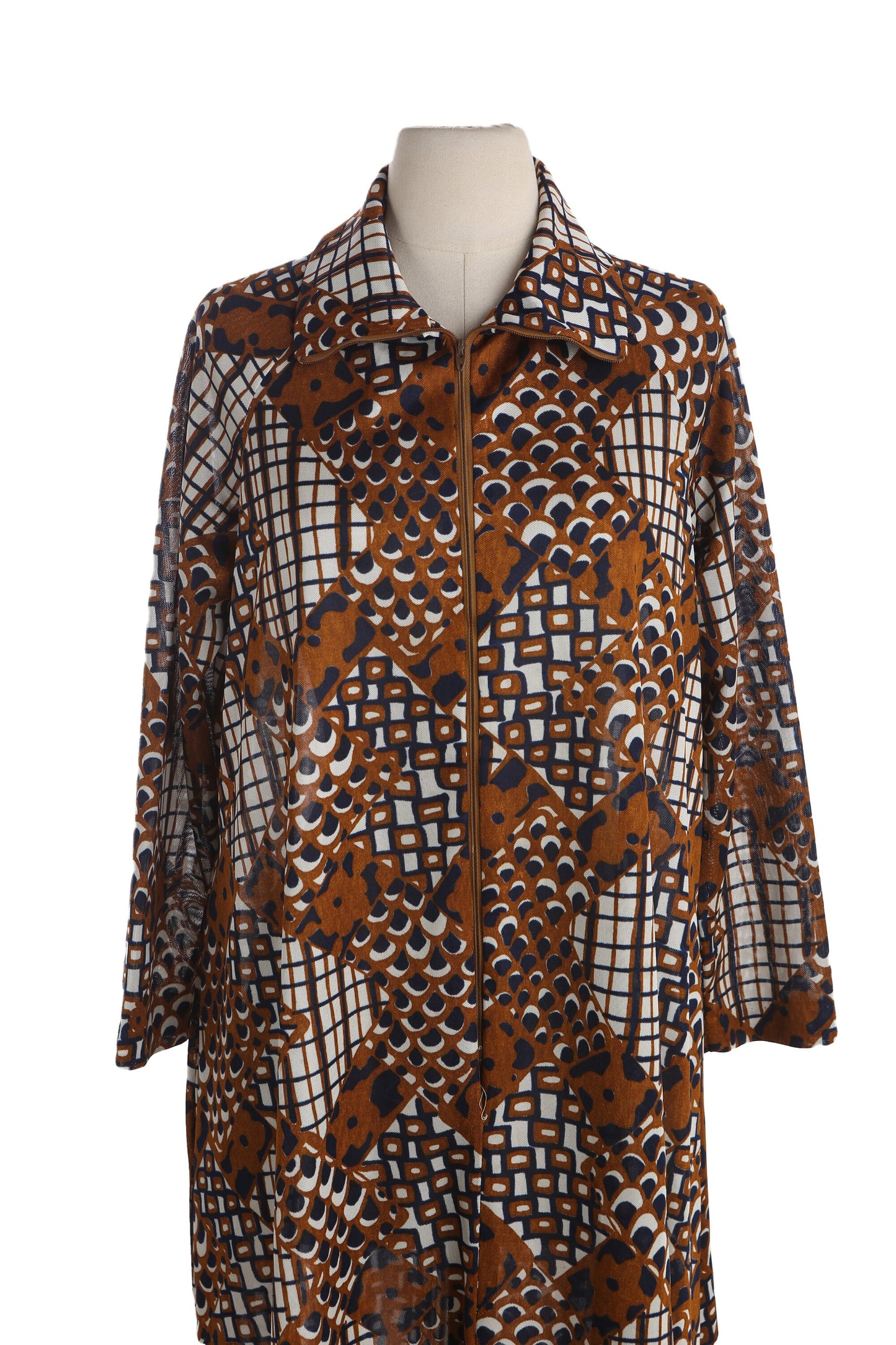 70s Brown Poly Dress with Front Zipper Closure