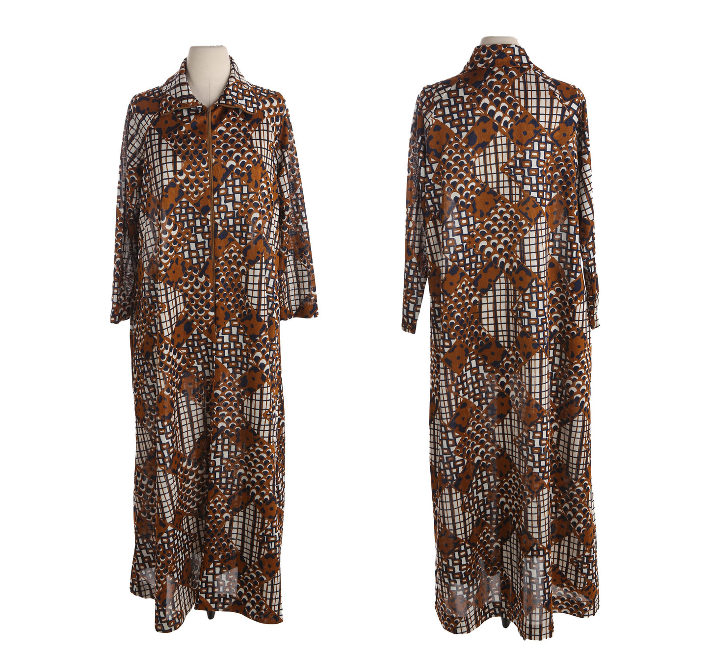 70s Brown Poly Dress with Front Zipper Closure