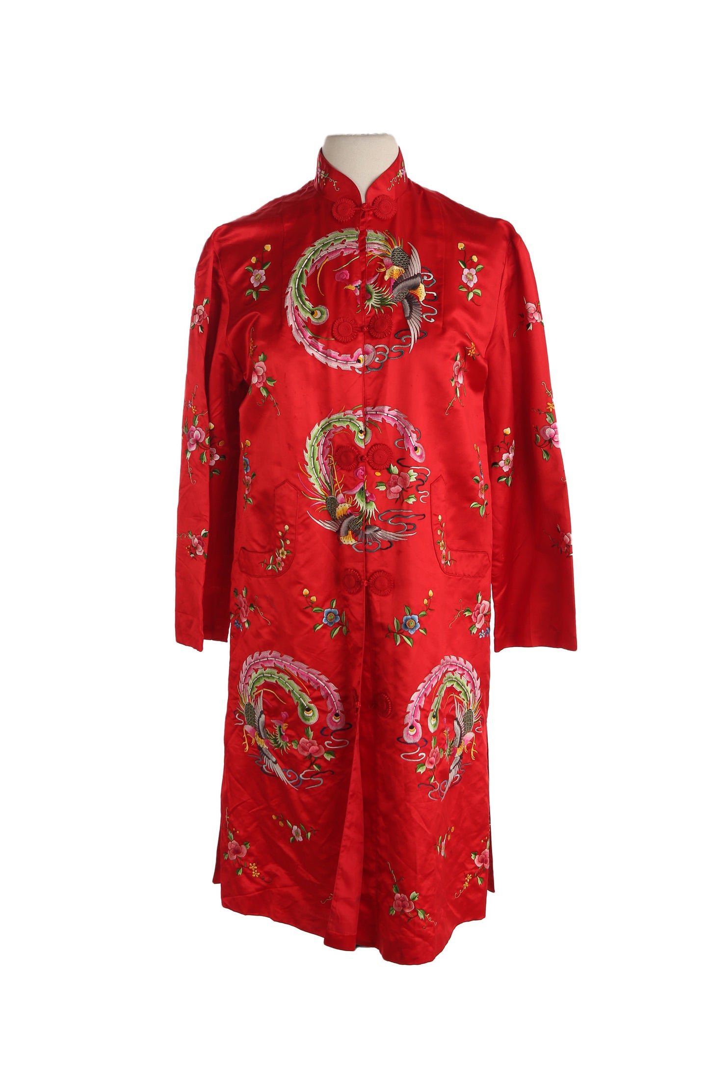 Vintage Chinese Red Embroidered Cheongsam Robe by Golden Bee / Made in China