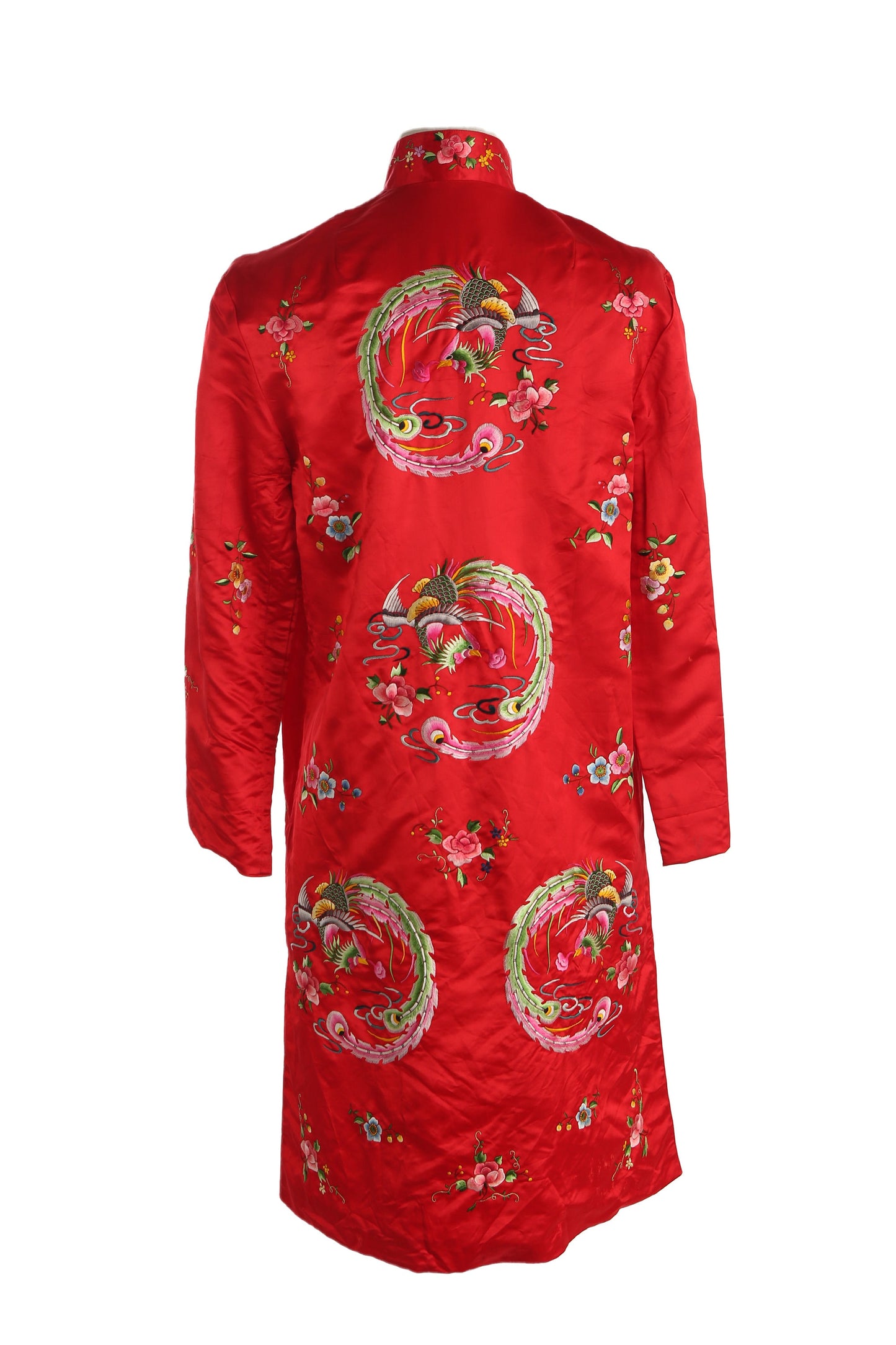 Vintage Chinese Red Embroidered Cheongsam Robe by Golden Bee / Made in China