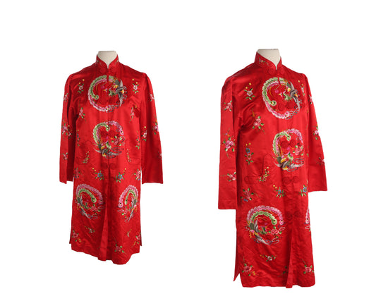 Vintage Chinese Red Embroidered Cheongsam Robe by Golden Bee / Made in China