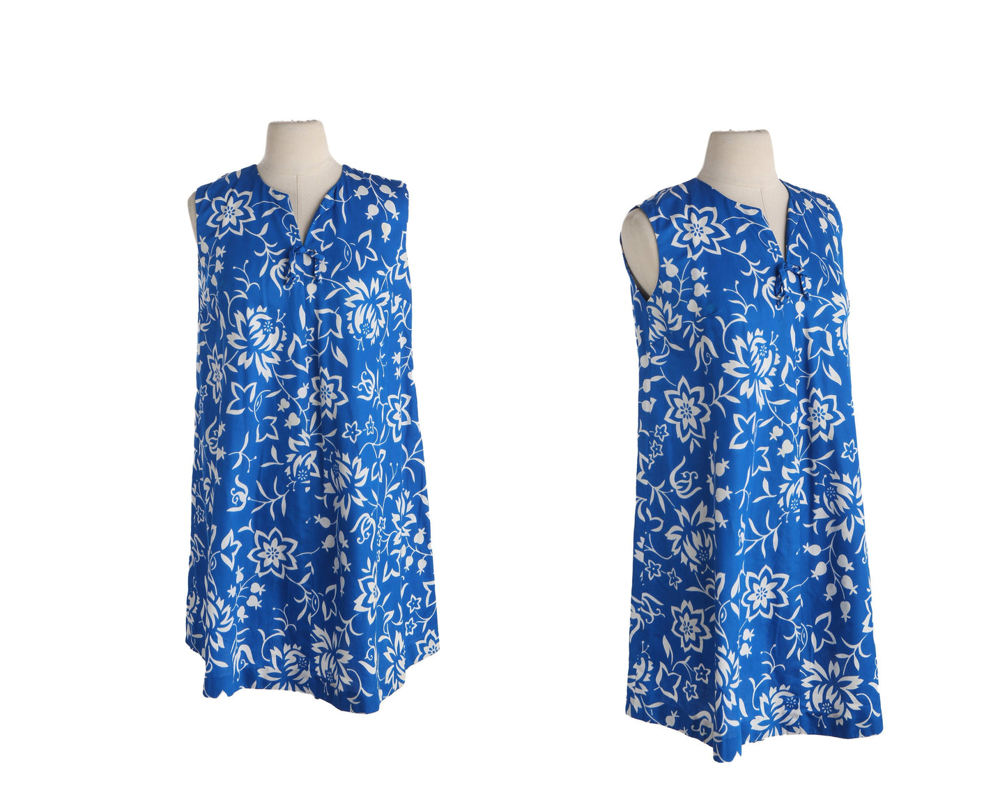 Vintage Blue Floral Print Sleeveless Hawaiian Dress / Made in Hawaii by Hawaiian Paradise