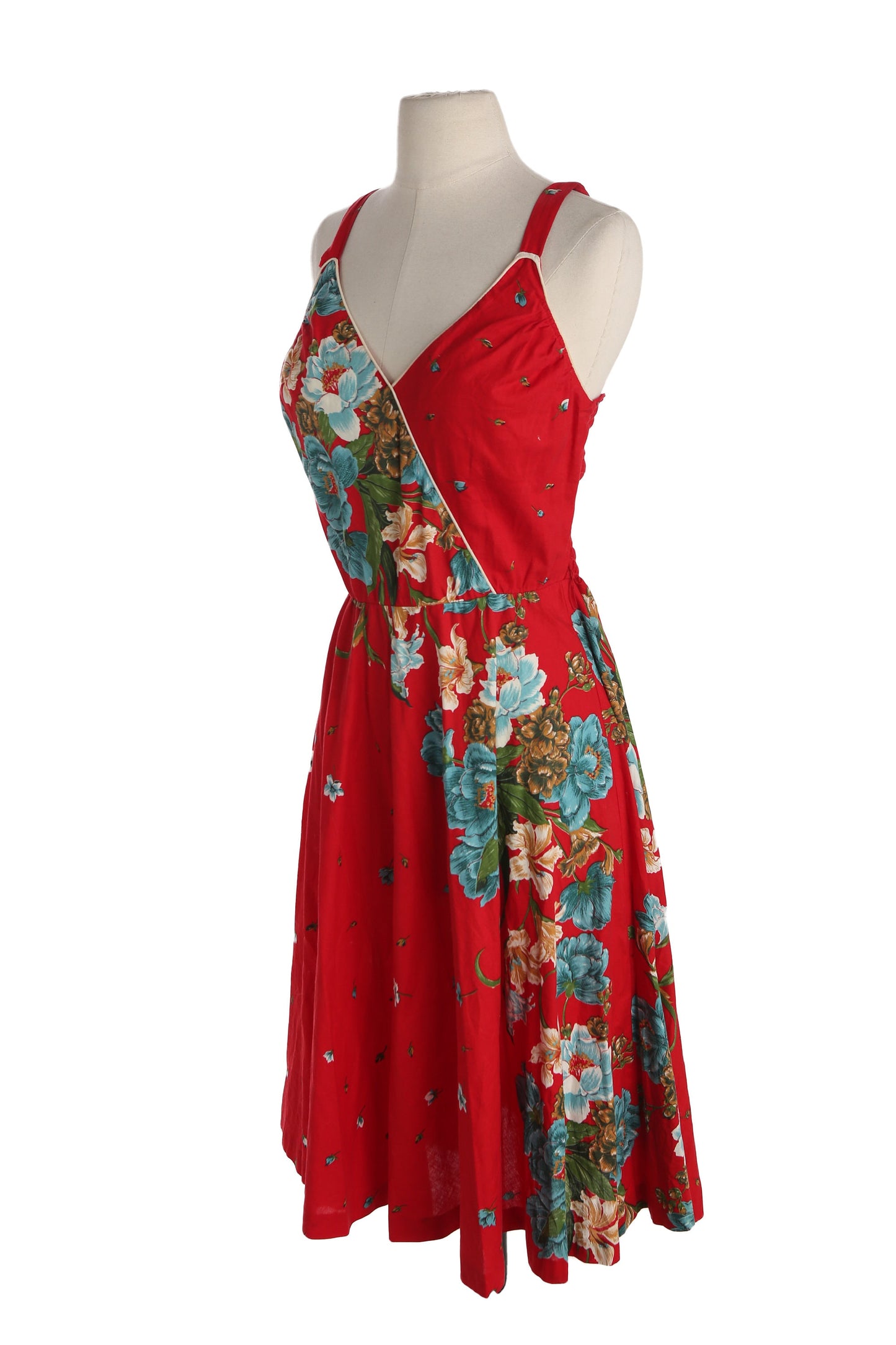 1970s Women red Floral Print Summer Dress