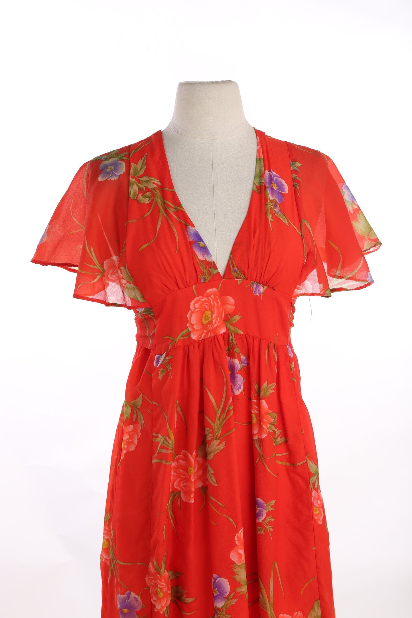 70s Red Floral Print Poly Summer Dress