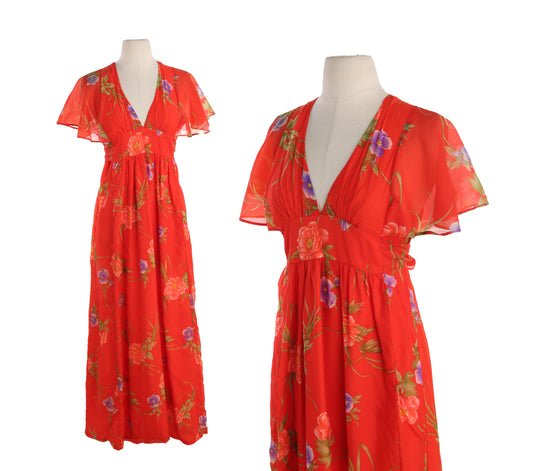 70s Red Floral Print Poly Summer Dress
