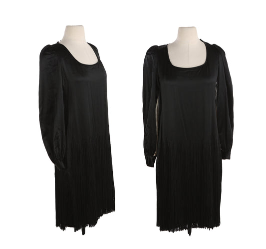 Vintage Women's Black Fringe Polyester Dress with Bottom Fringes by I. MAGNIN