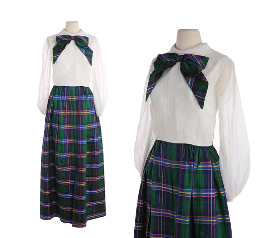 Vintage Women's Green Plaid Casual Dress with Big Collar Bow