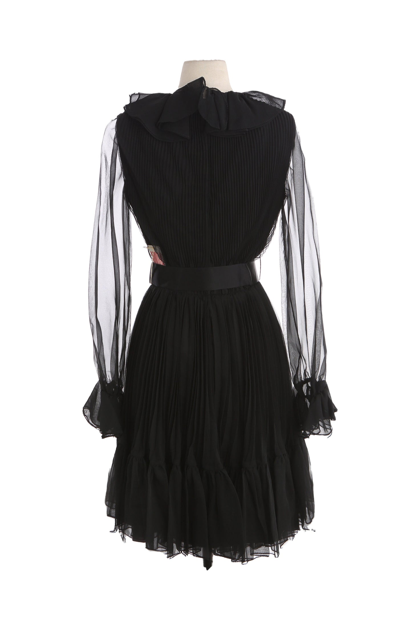 Vintage Black Pleated Bottom Dress with Ruffled Collar Seam / estimated Era: 70s - 80s