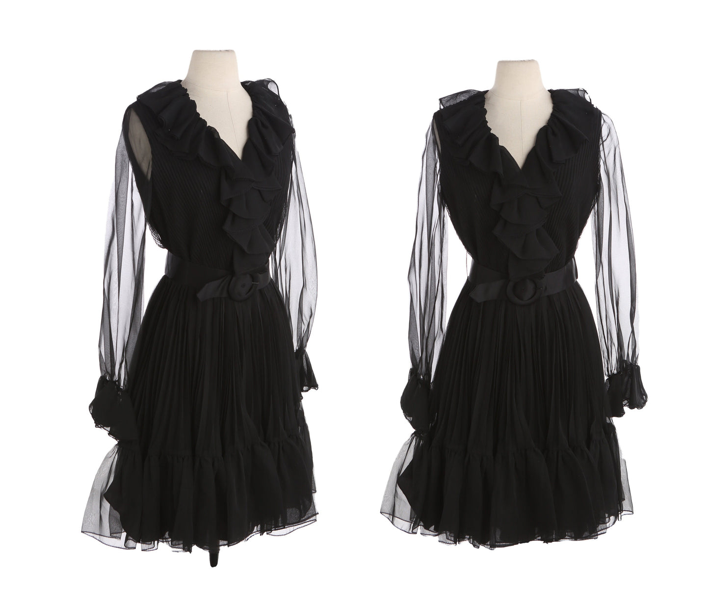 Vintage Black Pleated Bottom Dress with Ruffled Collar Seam / estimated Era: 70s - 80s