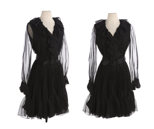 Vintage Black Pleated Bottom Dress with Ruffled Collar Seam / estimated Era: 70s - 80s