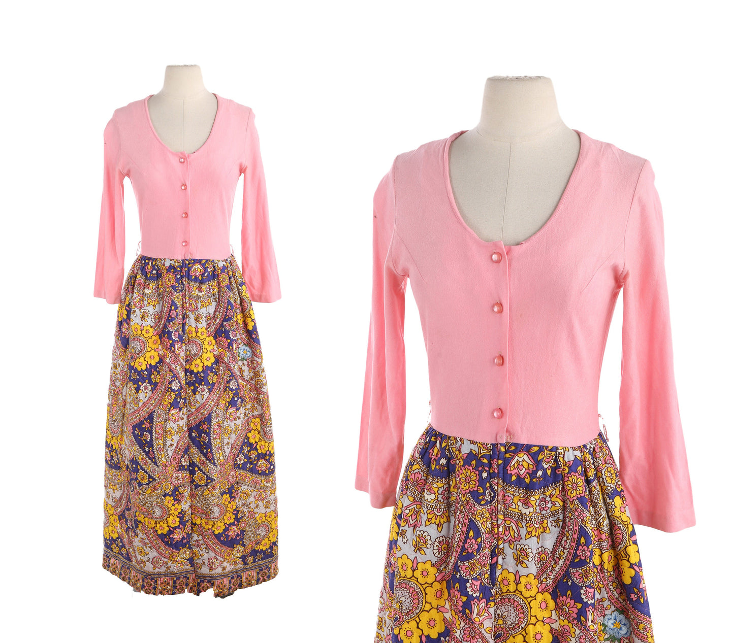 1970s Women Pink Floral Print Summer Dress