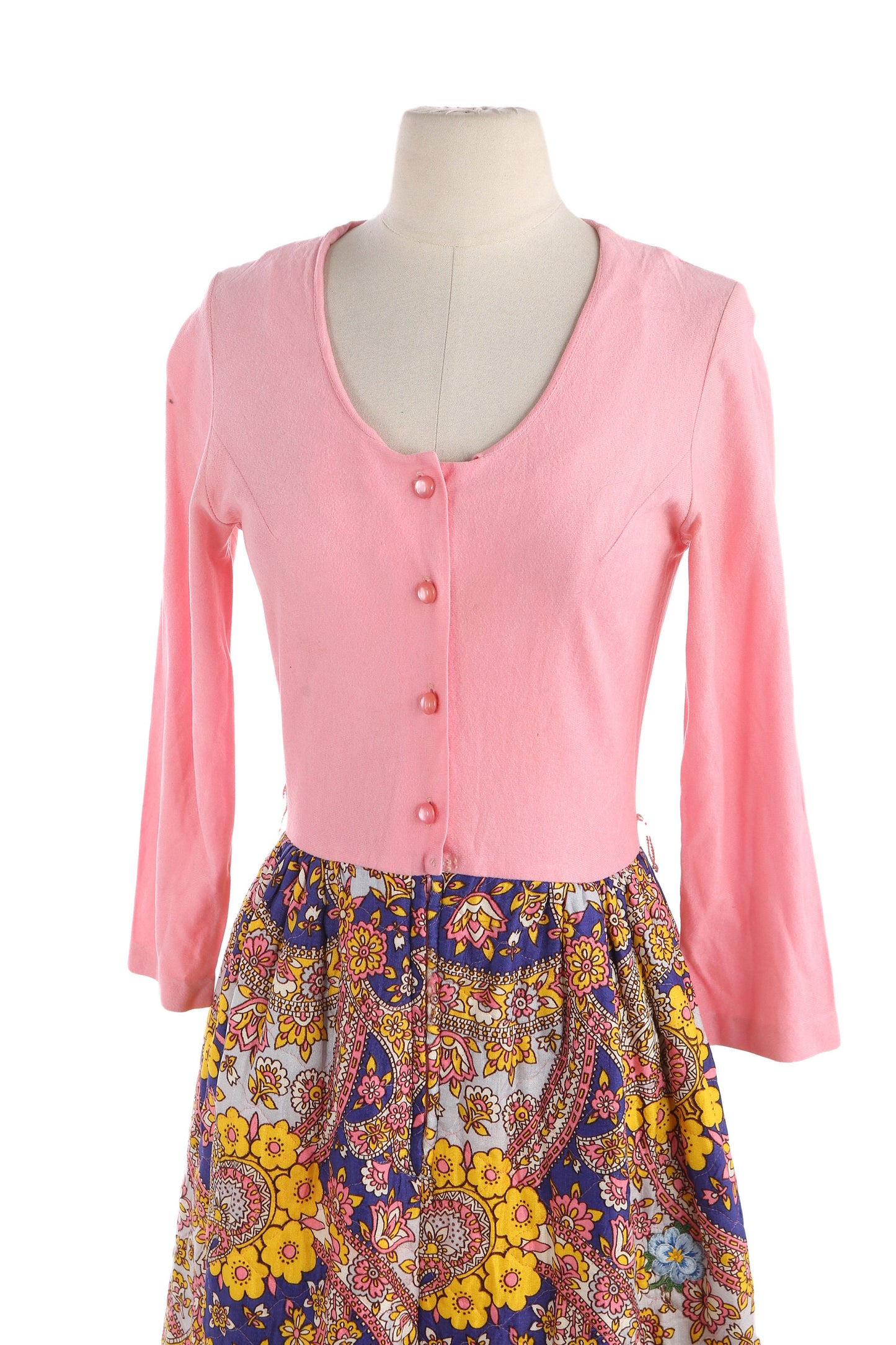 1970s Women Pink Floral Print Summer Dress