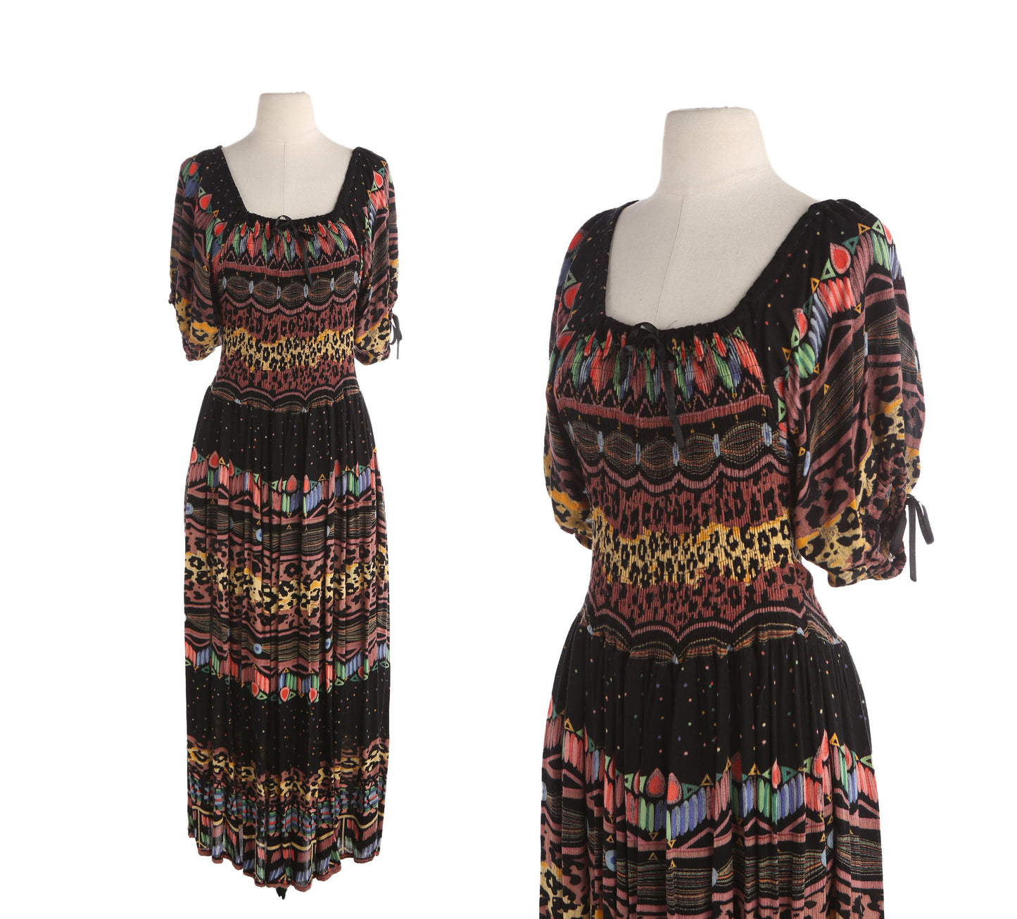 Vintage Women Black Rayon Summer Dress