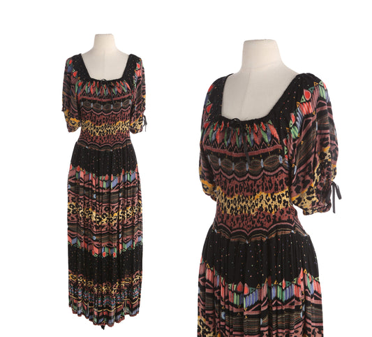 Vintage Women Black Rayon Summer Dress