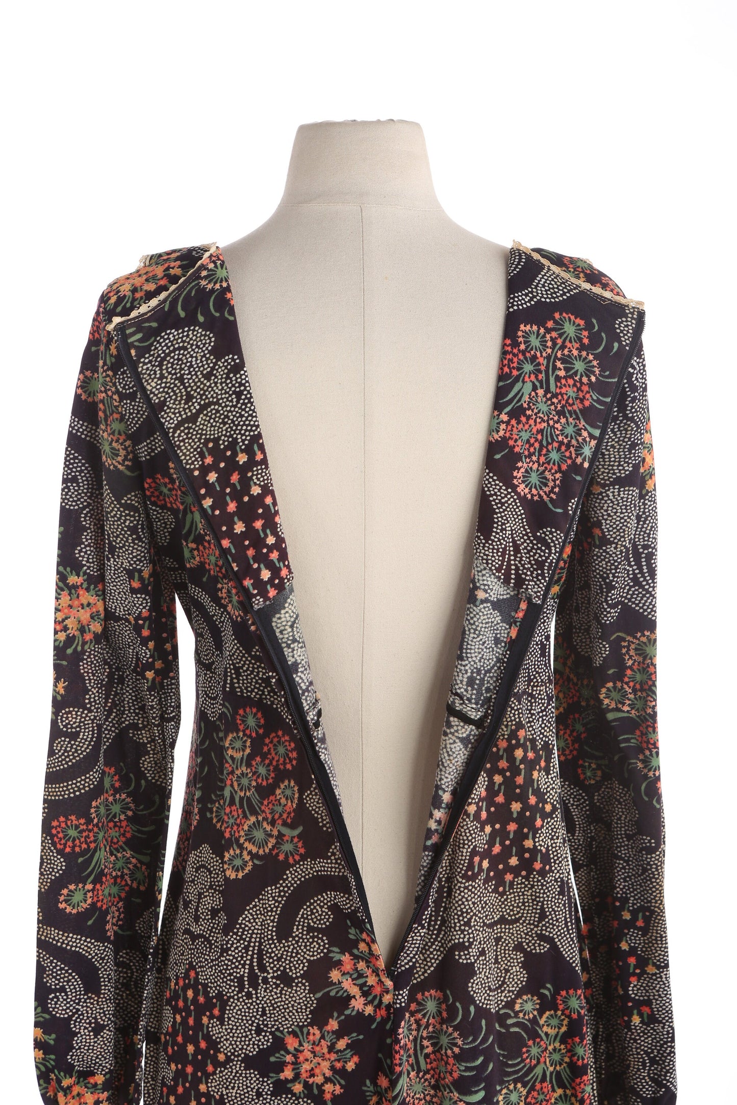 1970s Women Black Floral Print Summer Poly Dress