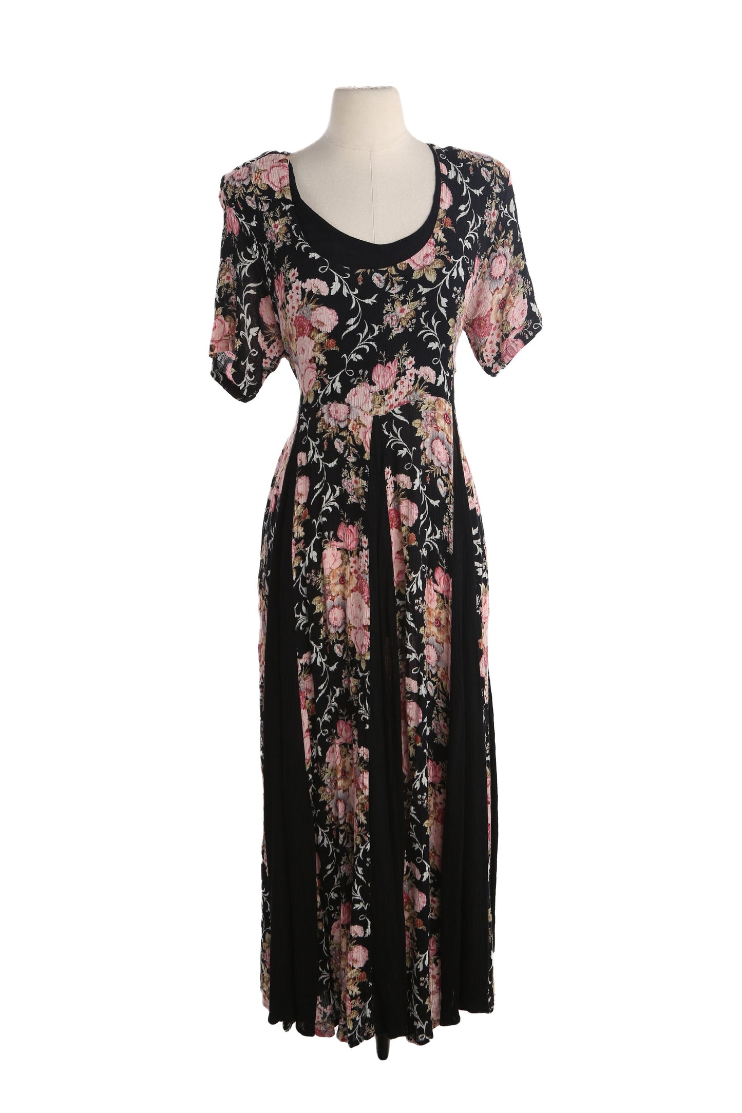 90s Women Black Floral Print Long Rayon Dress by American Angel / Made in India