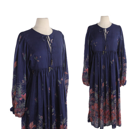 Vintage Women Blue Floral Print Summer Dress