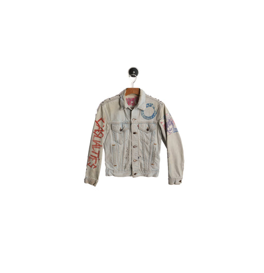 Punk Rock Costume Made Denim Jacket with Studded Back - Hand Painted - Back Patchwork