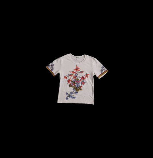 Flower Print White Crew Neck Blouse - Era 70s - 80s - Design from Japan