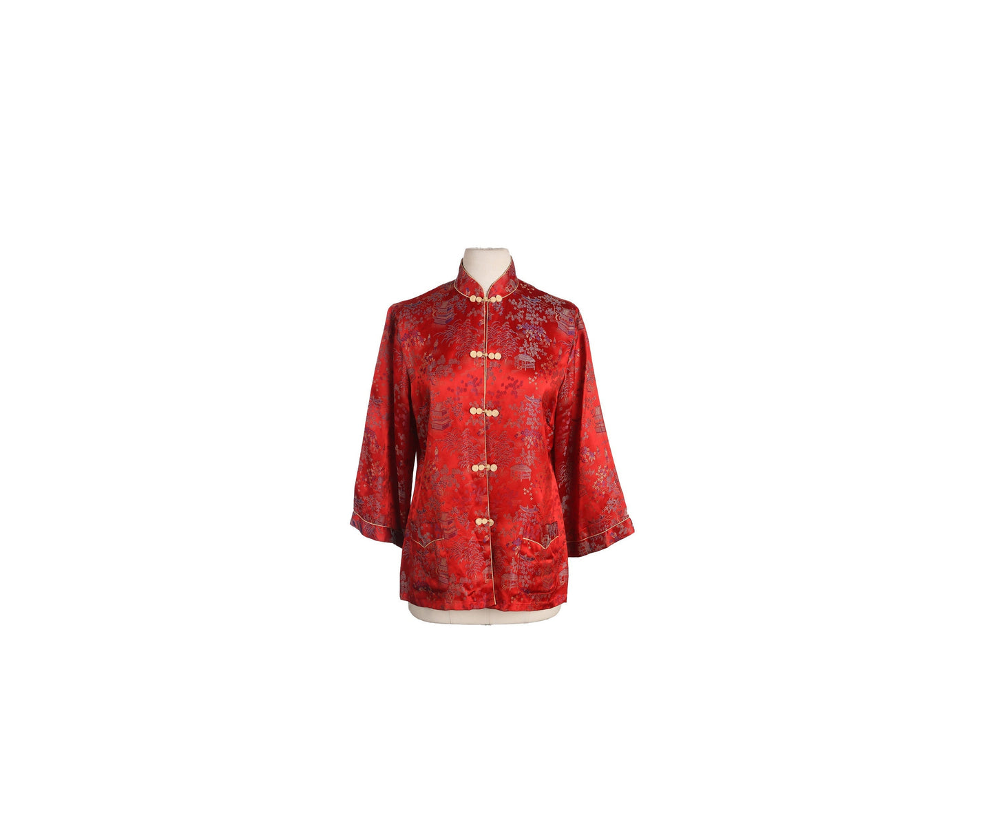 Vintage Cheongsam Jacket - Red Brocade Plant Print