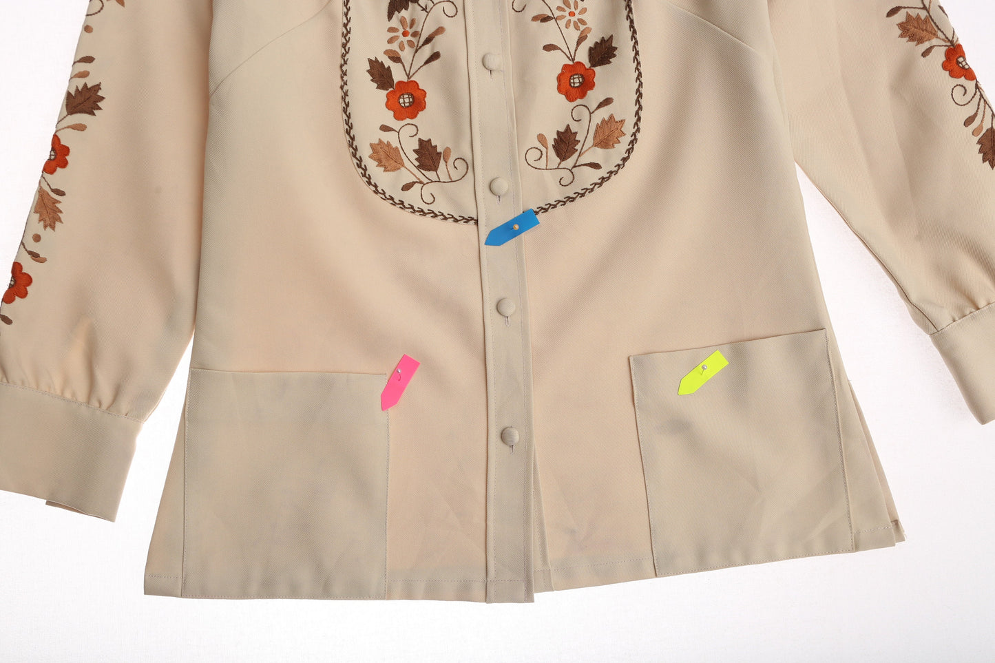 70s Women Mod Poly Bouse with Embroidered Floral Designs