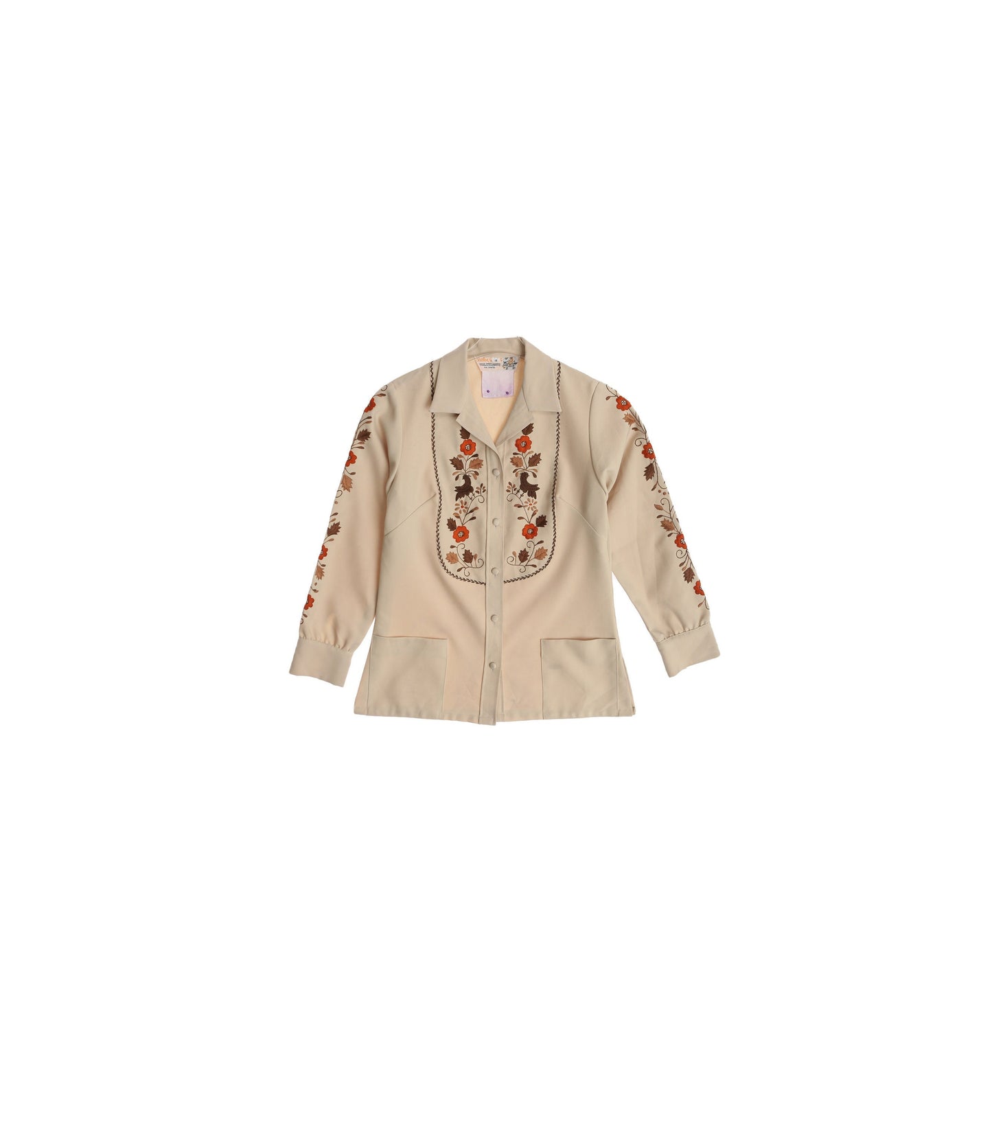 70s Women Mod Poly Bouse with Embroidered Floral Designs