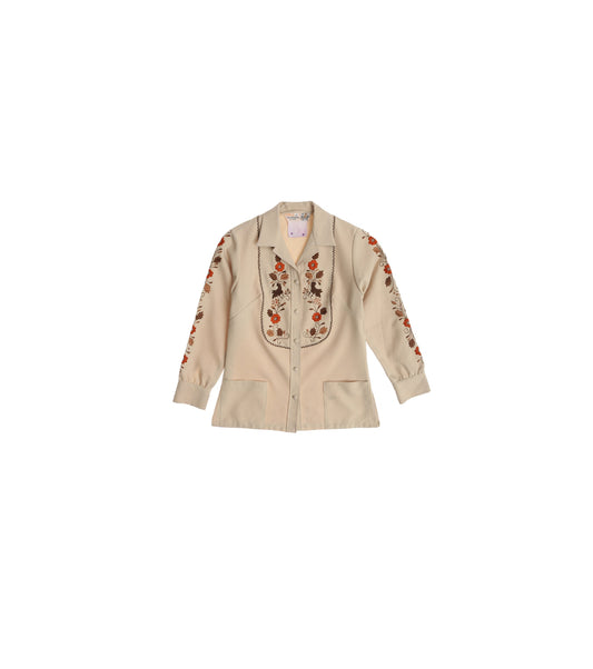 70s Women Mod Poly Bouse with Embroidered Floral Designs