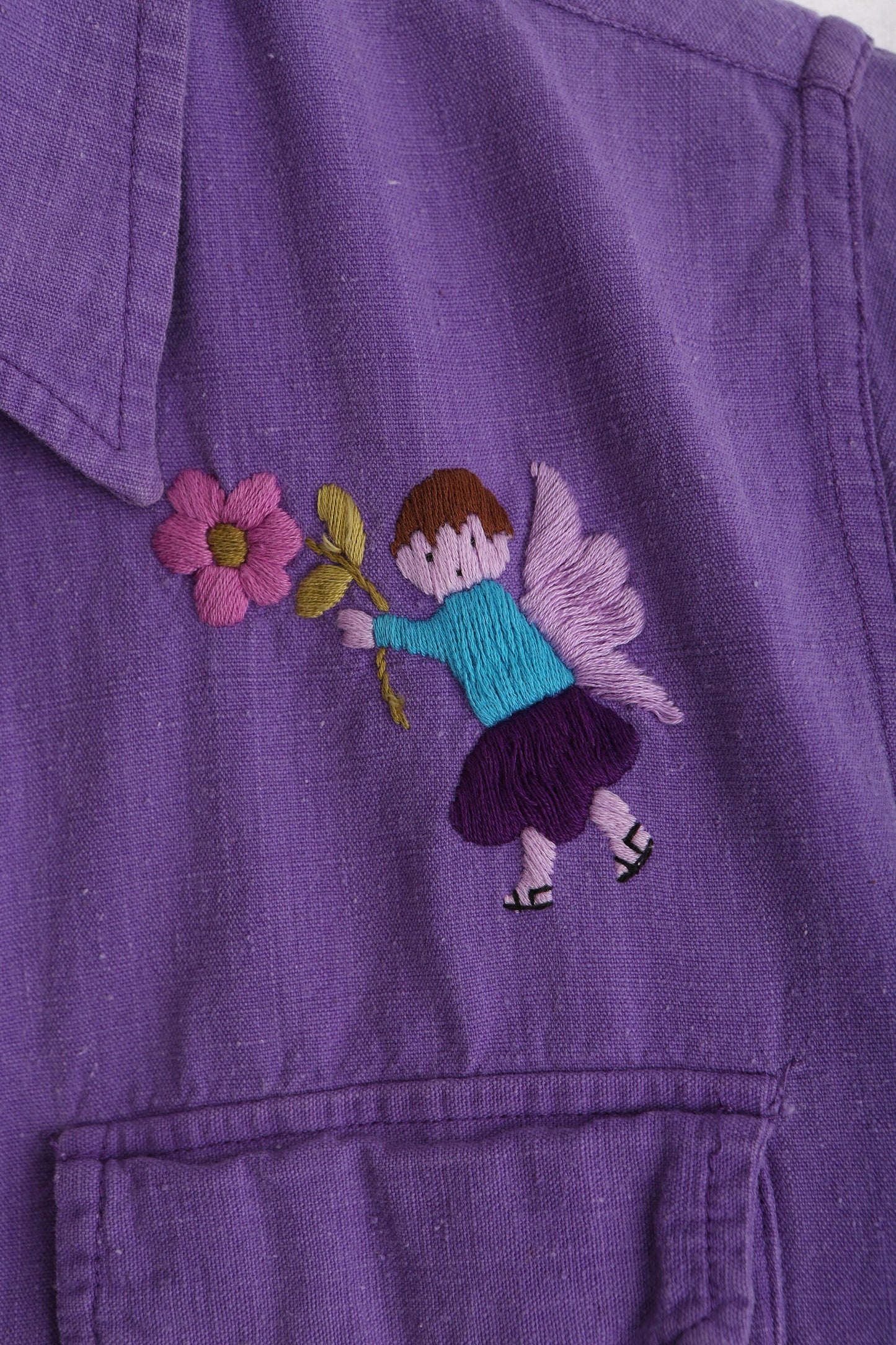 70s Women Purple Cotton Top with Embroidered Details