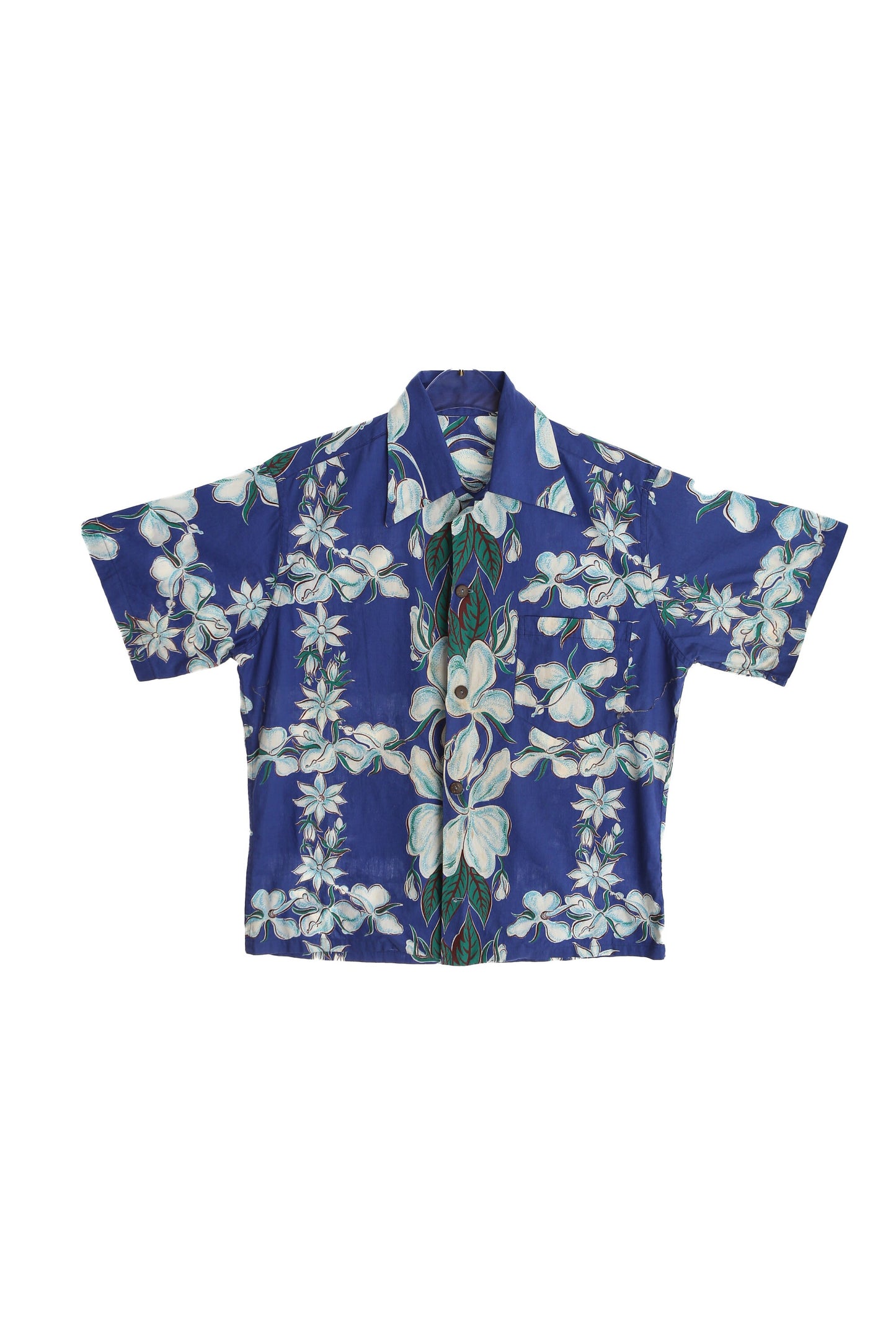 Vintage Men's Blue Hawaiian Shirt with Wooden Buttons / Estimated Era: 50s - 60s