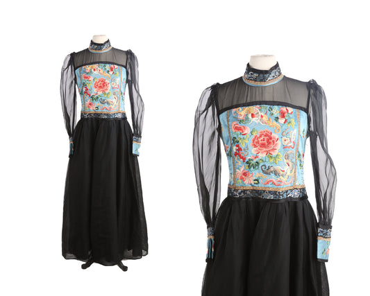 Vintage women Black Embroidered Evening Dress