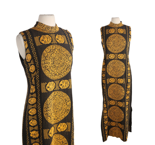 Vintage Women Black Ethnic Embroidered Dress / Aztec Calendar Design