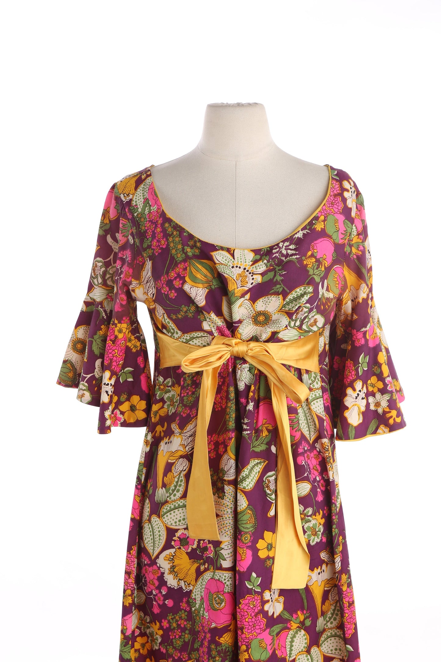 70s Women Floral Print Long Casual Dress with Yellow Waist Bow Belt