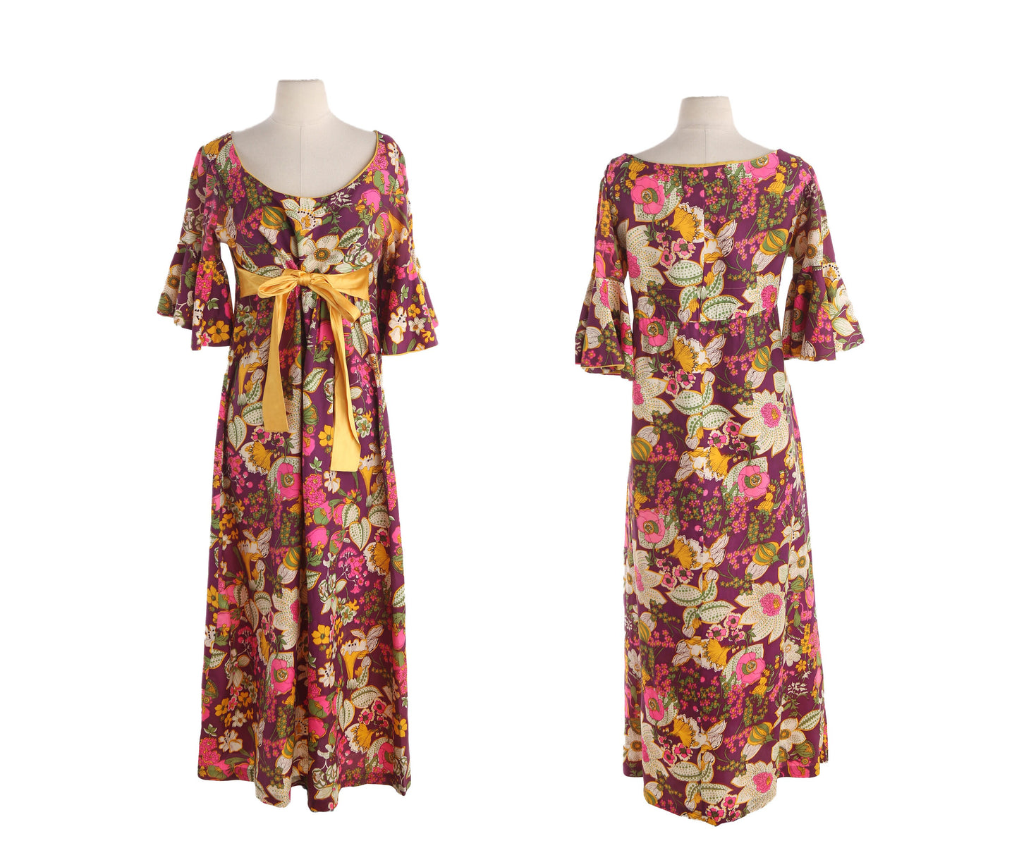 70s Women Floral Print Long Casual Dress with Yellow Waist Bow Belt