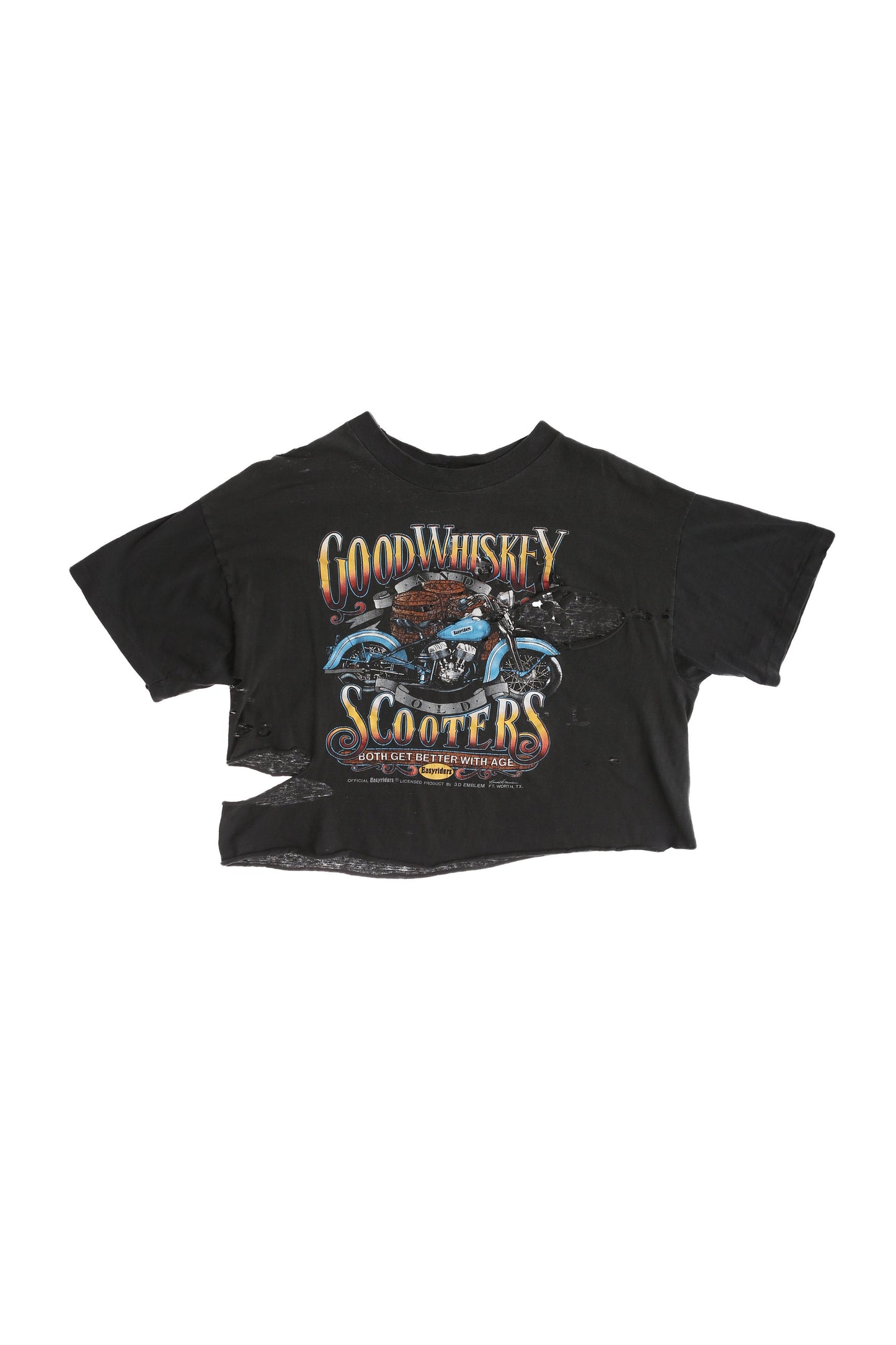 Vintage Biker Black Cropped T-shirt / Good Whiskey Scooters / Easyriders / Distressed