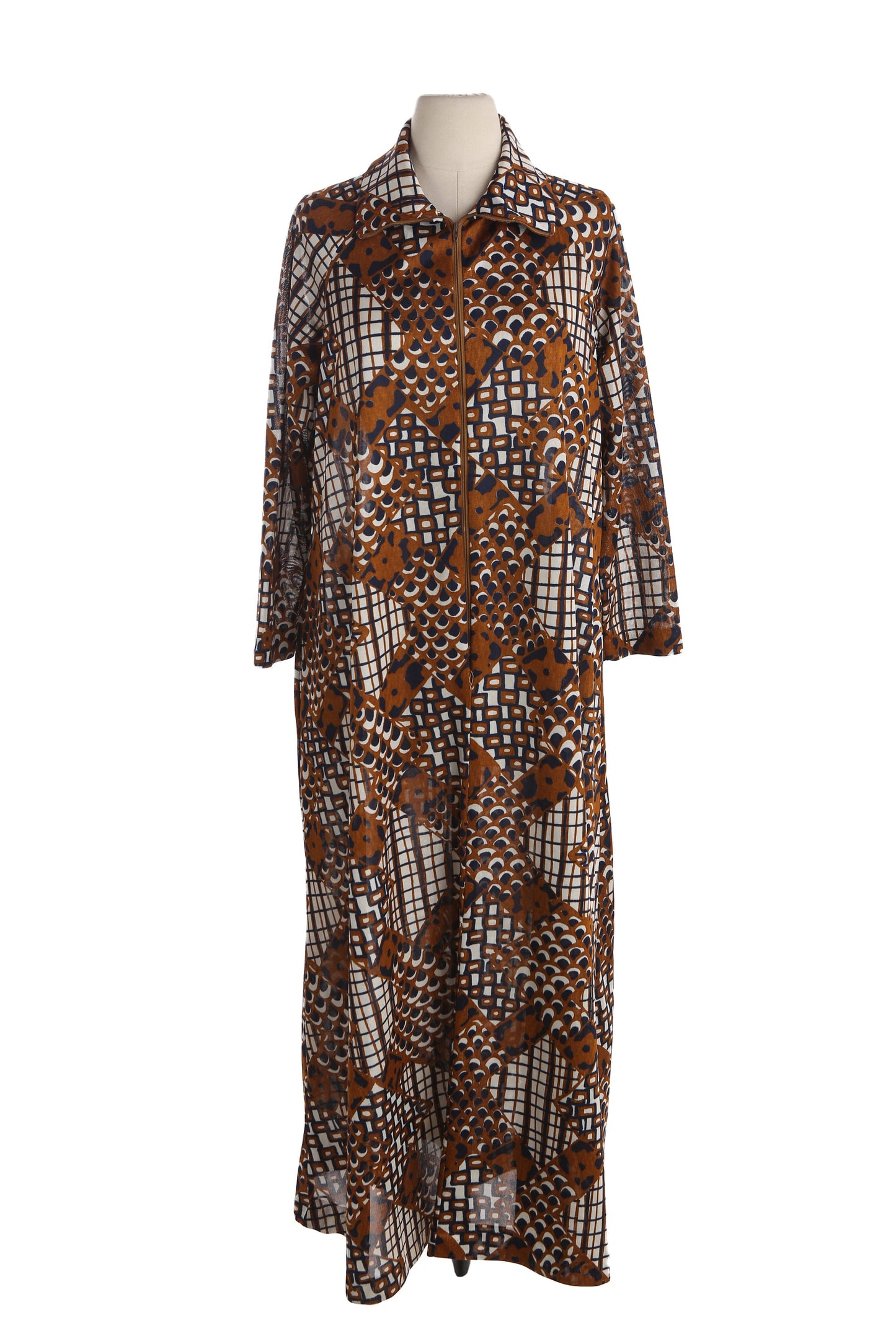 70s Brown Poly Dress with Front Zipper Closure