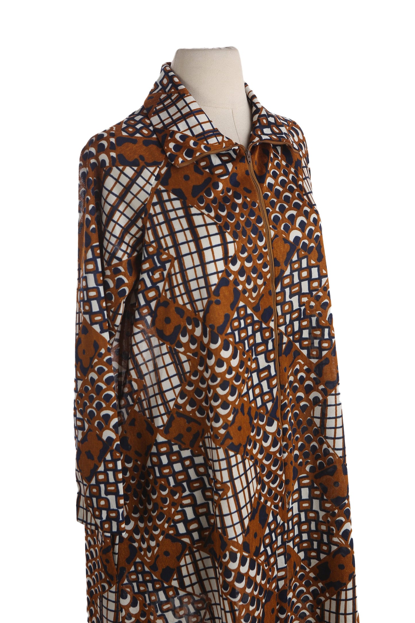 70s Brown Poly Dress with Front Zipper Closure