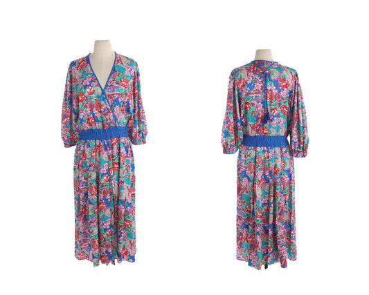 Vintage Women Floral Print Silk Dress by Diane Fus / Era 80s - 90s