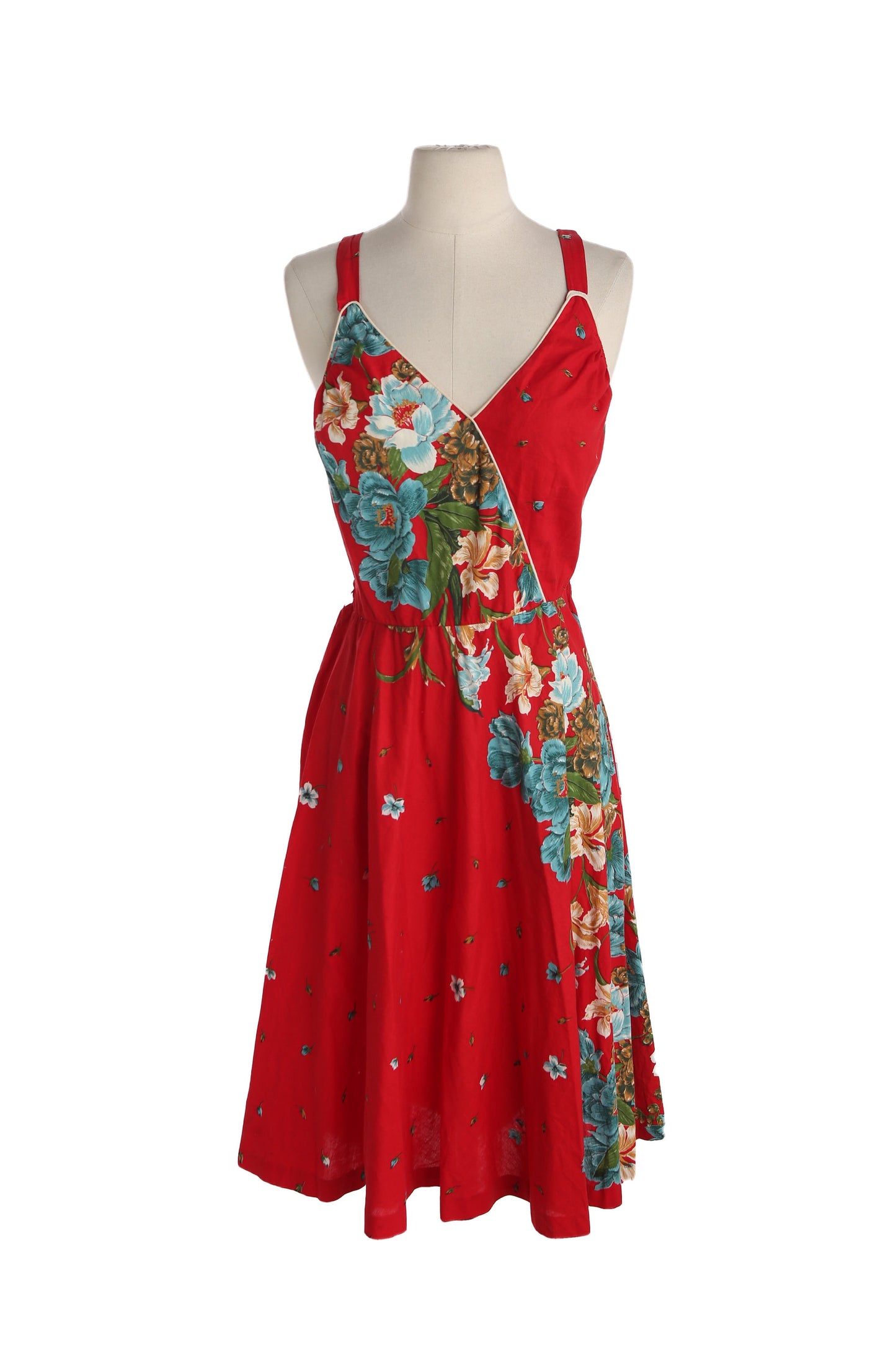 1970s Women red Floral Print Summer Dress