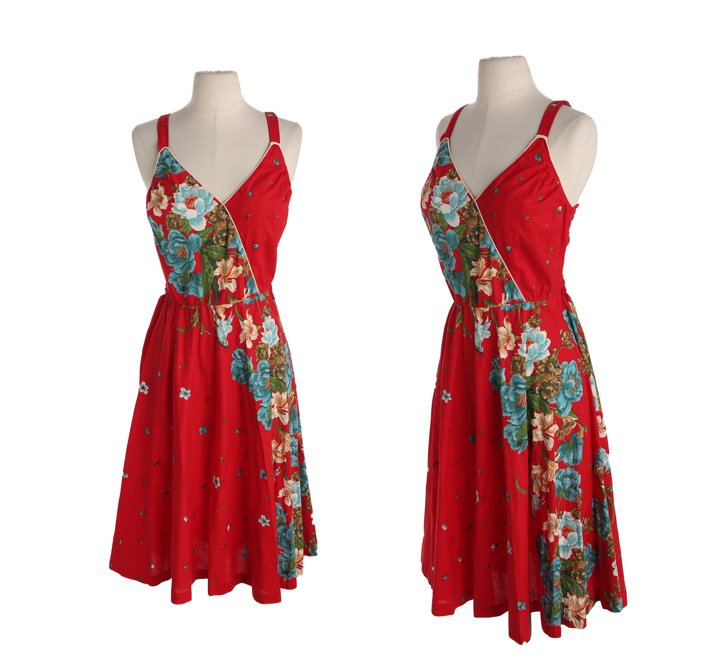 1970s Women red Floral Print Summer Dress
