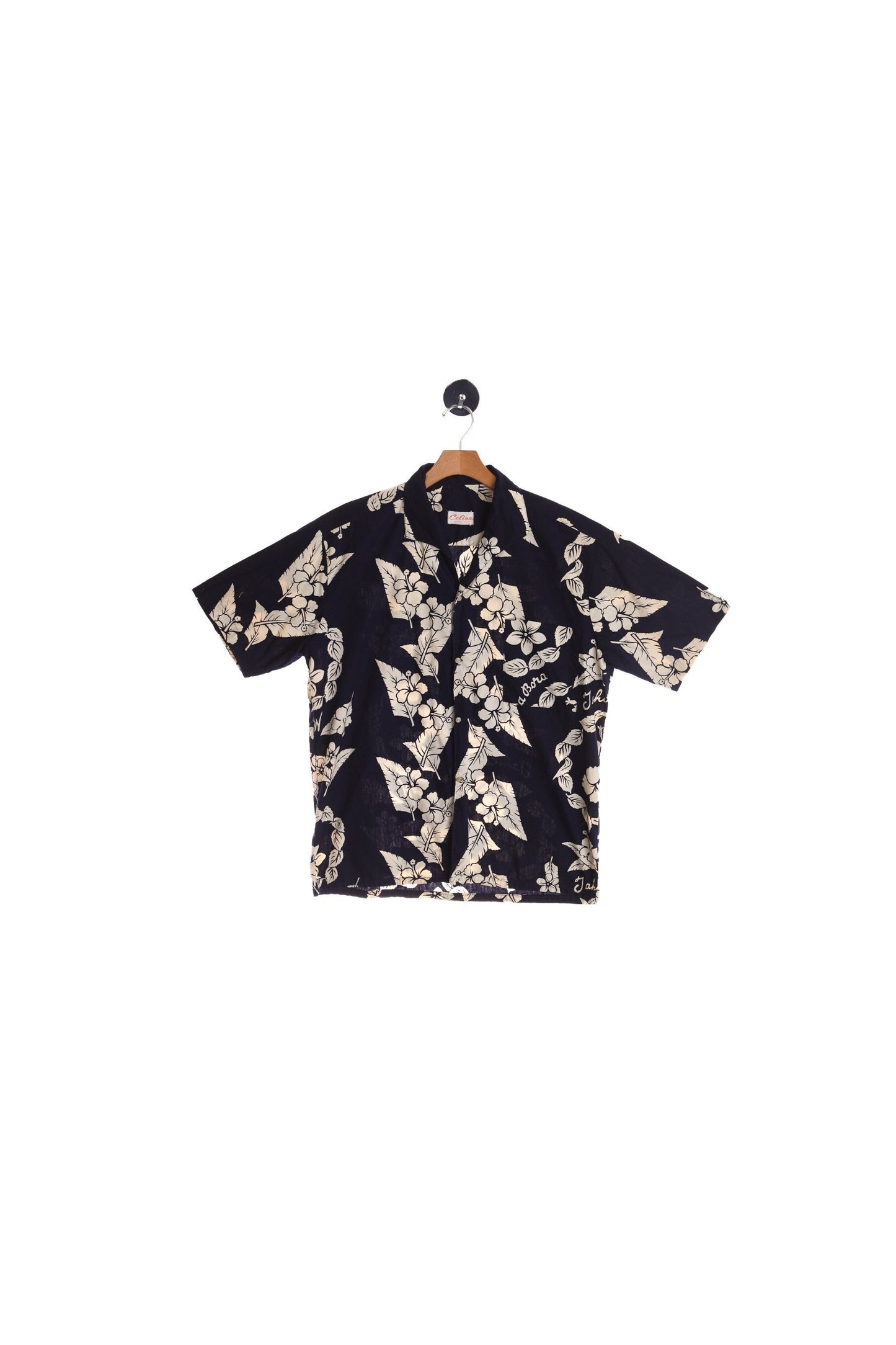 Vintage Men's Blue Hawaiian Shirt With White Plant Print