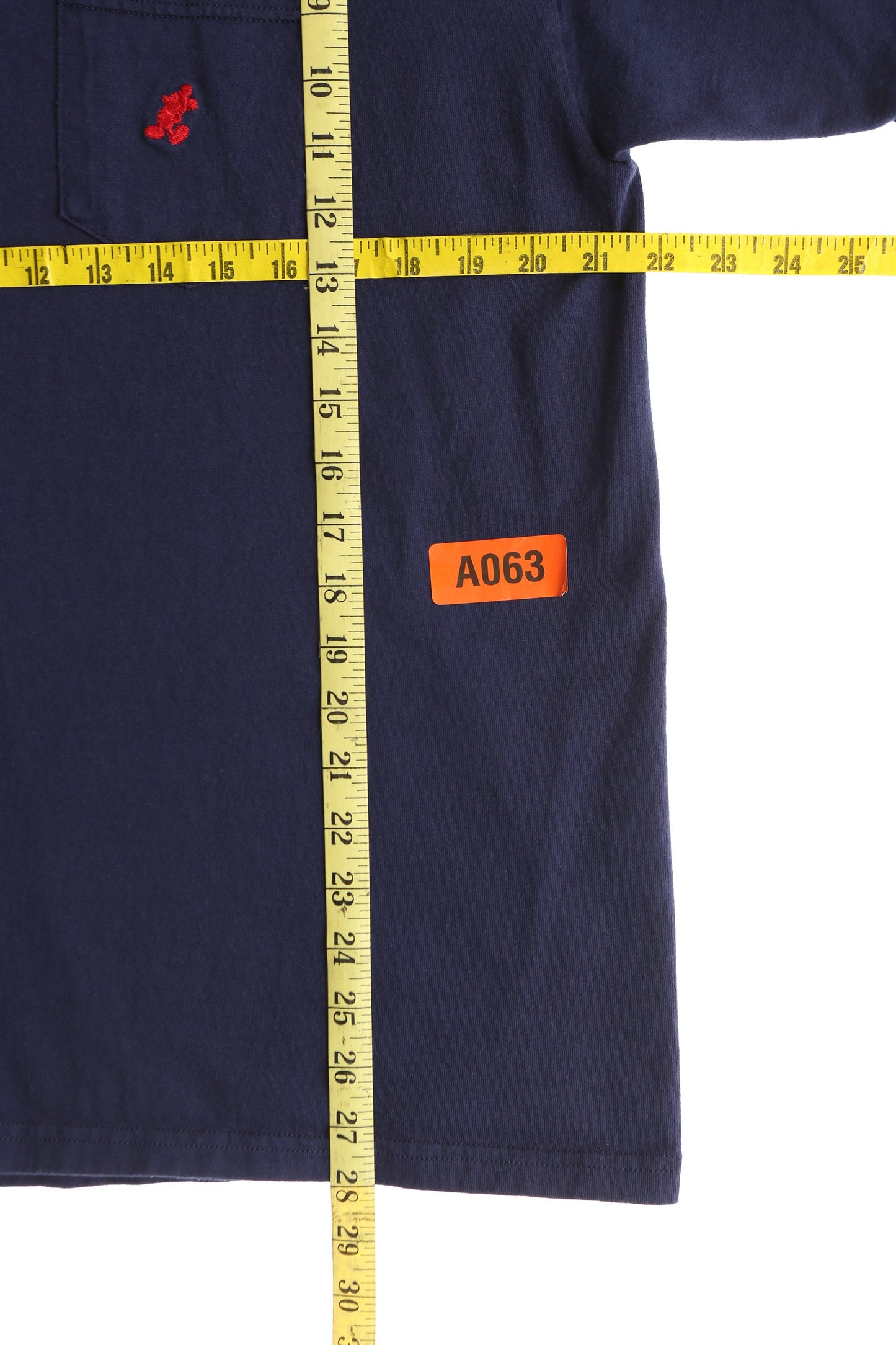 Vintage Blue Disney Solid One Pocket T-shirt with Red Mickey Embroidered Logo