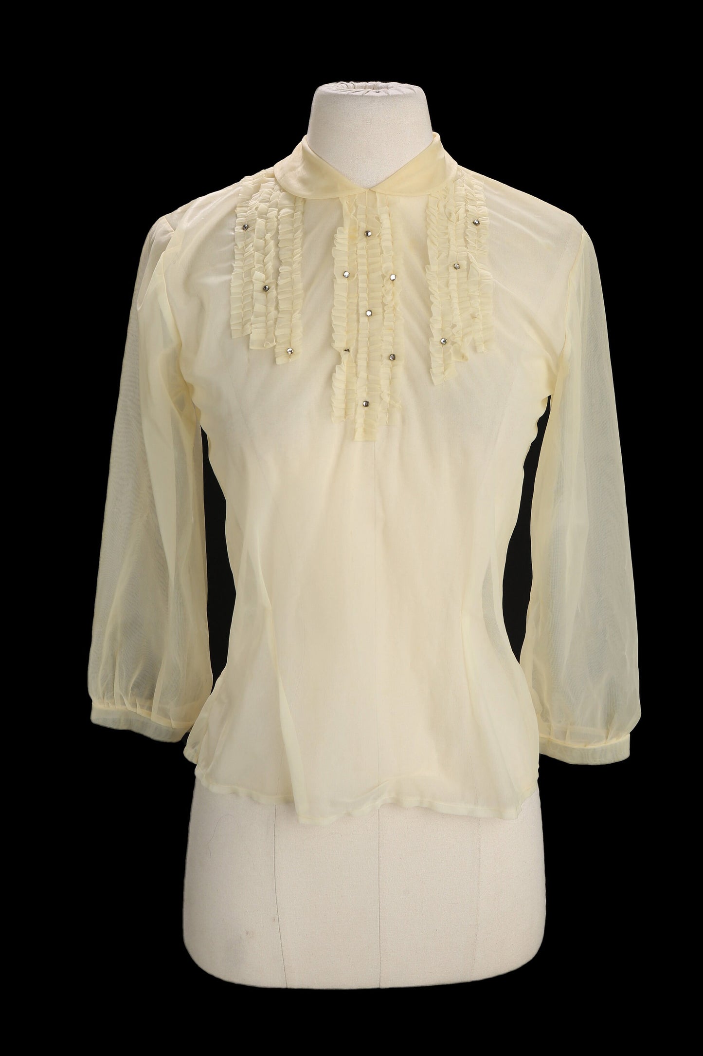 Vintage Women White Sheer Ruffle Detail Collar Blouse