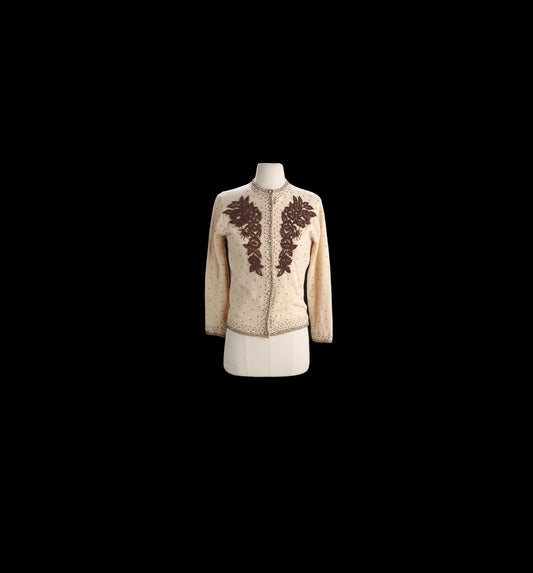 Vintage Women Brown Cardigan Beaded Sweater