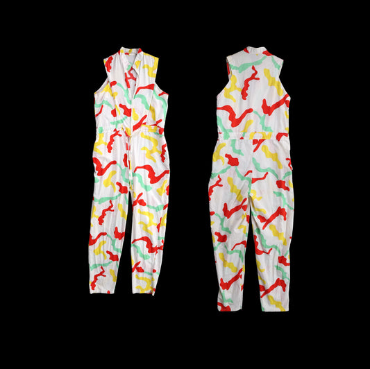 1980s-90s Women White Colored Camo Jumpsuit